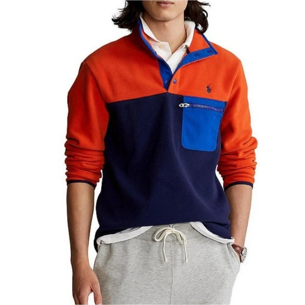 Polo Ralph‎ Lauren Fleece Pullover Jacket Orange Blue Colorblock Mens